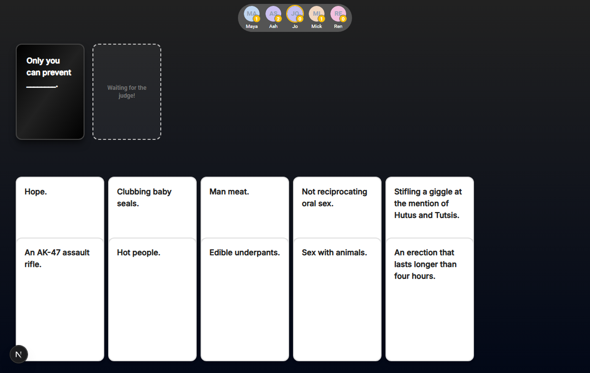 A Cards Against Humanity round in progress on decks.app, with the black prompt card above the player’s hand of white cards and the table’s scores along the top.