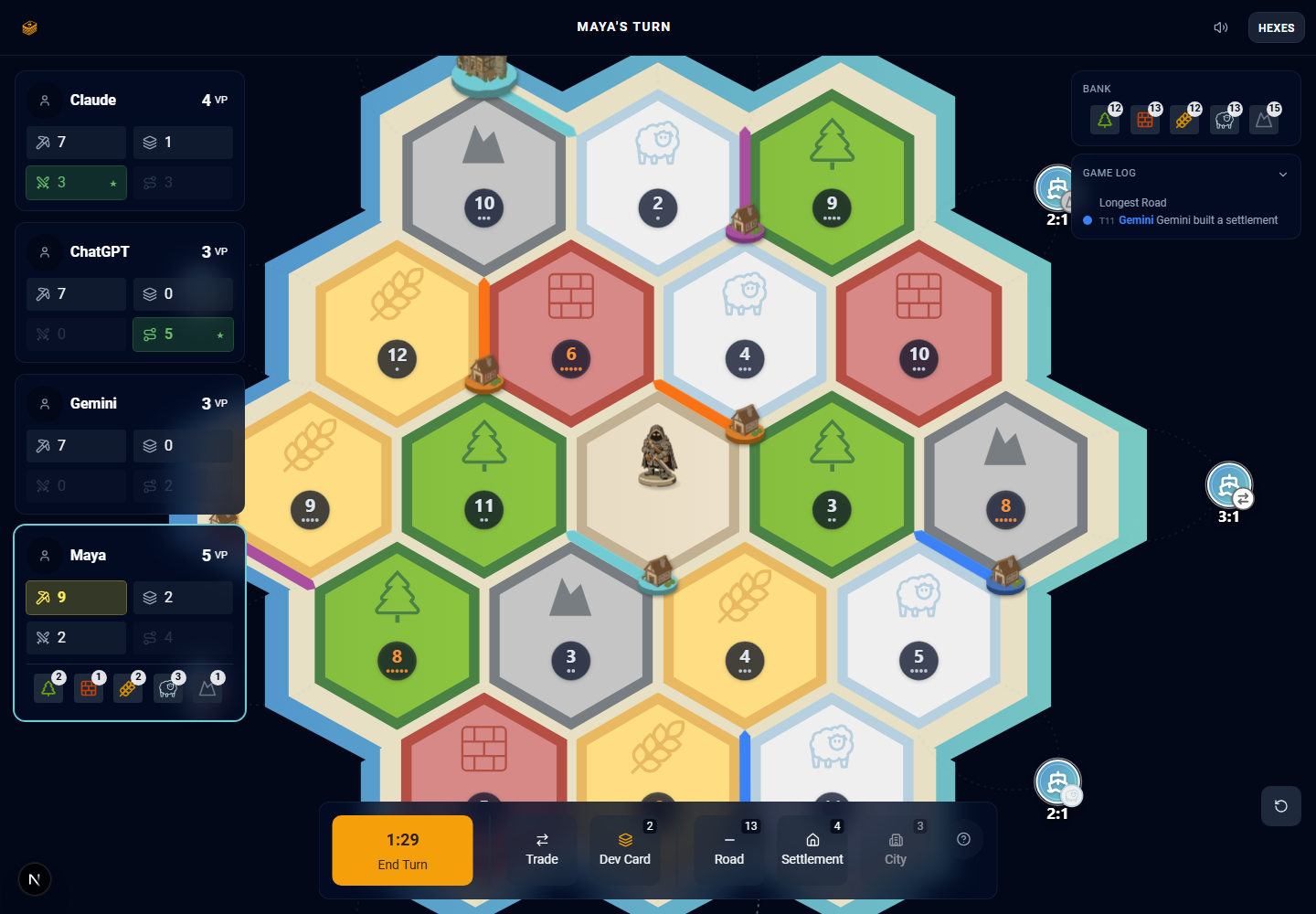 An Empresario game in progress: a hex island of forest, pasture, field, hill and mountain tiles with numbered tokens, player settlements and roads in four colours, and the robber on the desert.