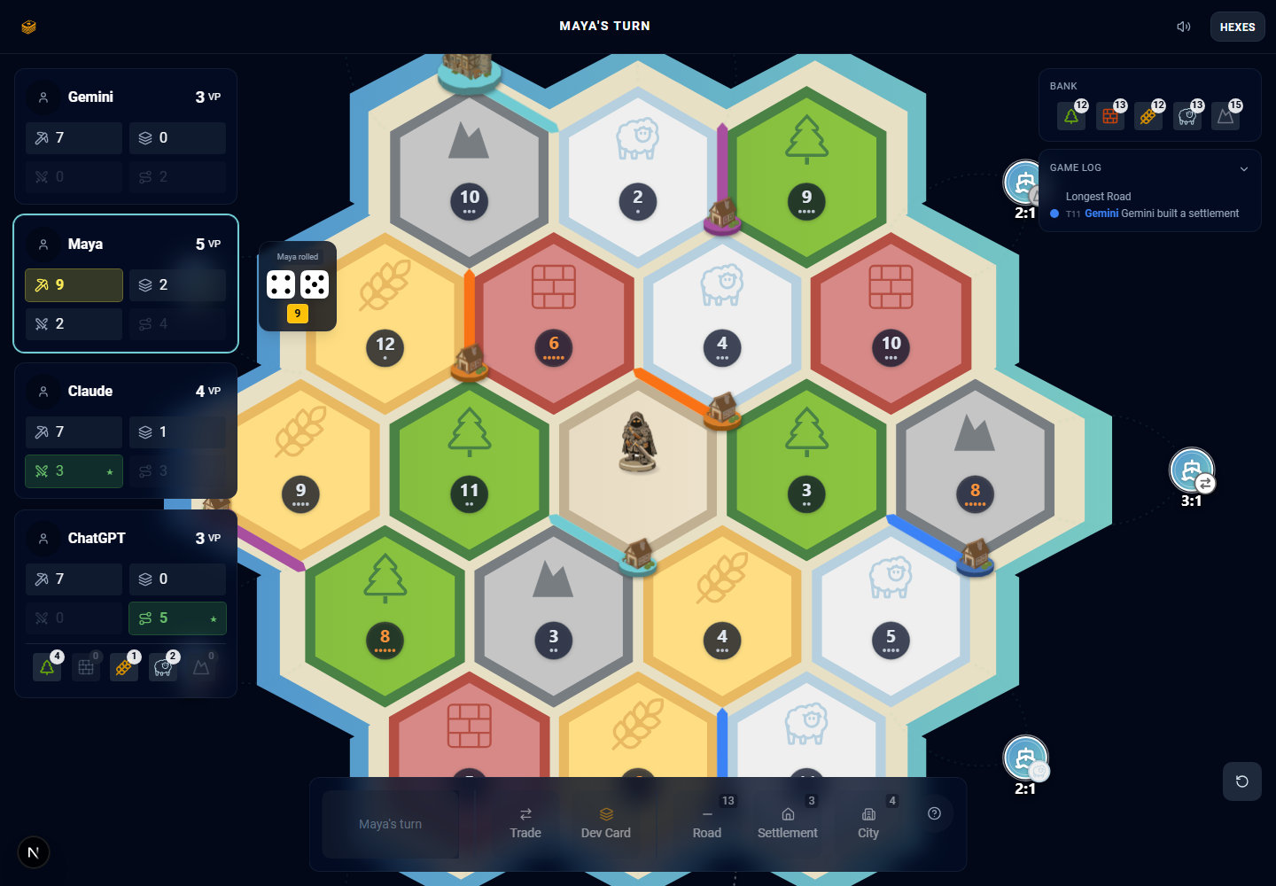 The same Empresario island seen from another player’s seat, showing their own resource hand, victory points and available build actions.