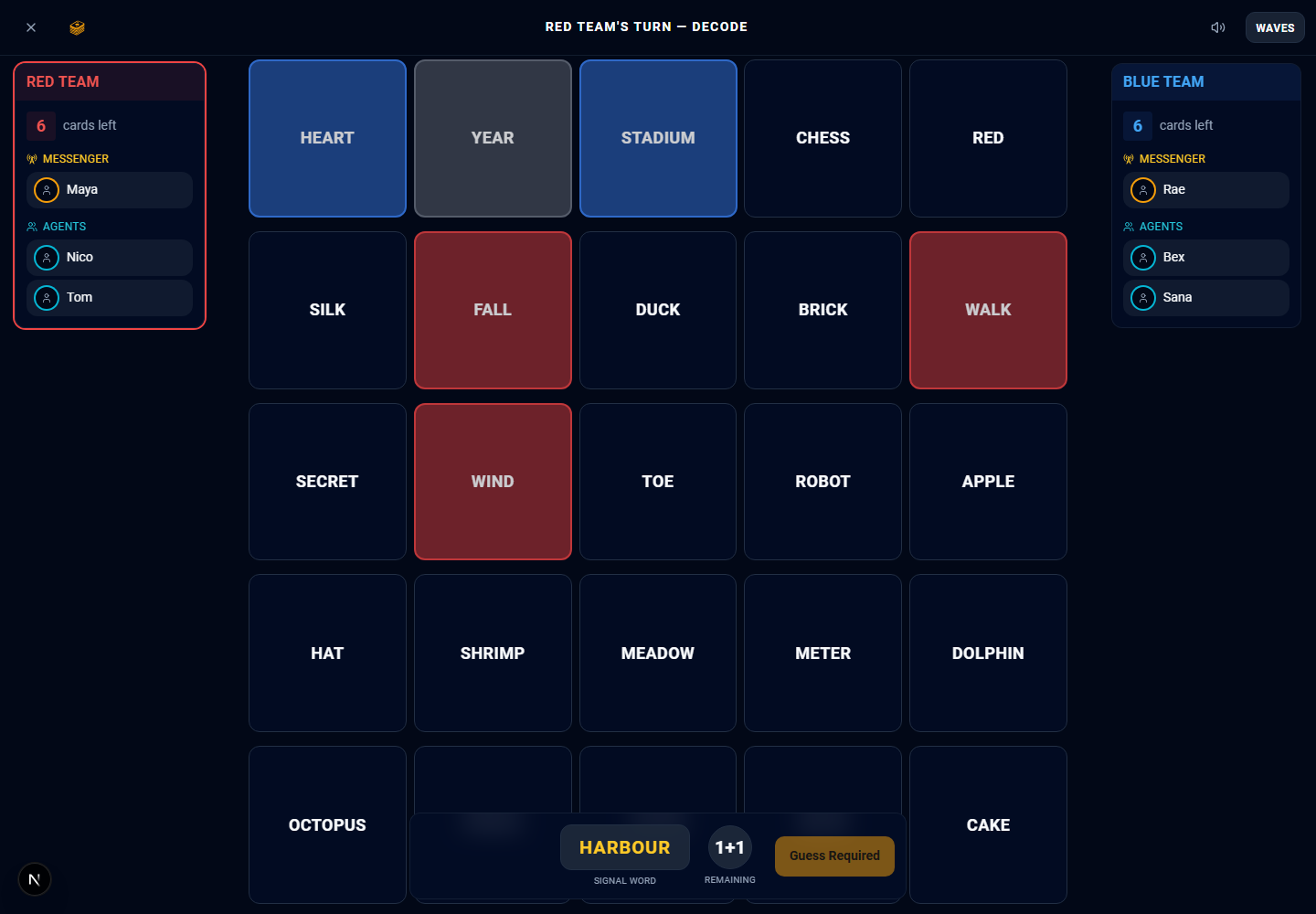 A Shortwave 5-by-5 word grid mid-game as an agent sees it: several cards already revealed in red and blue team colours and the rest still face up as plain words, with the current signal shown below.