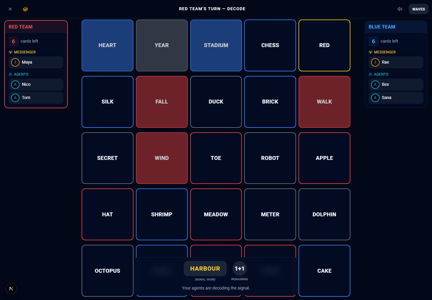The Shortwave messenger view of the same grid, with each word tinted to show whether it belongs to the red team, the blue team, nobody, or is the losing leak card.