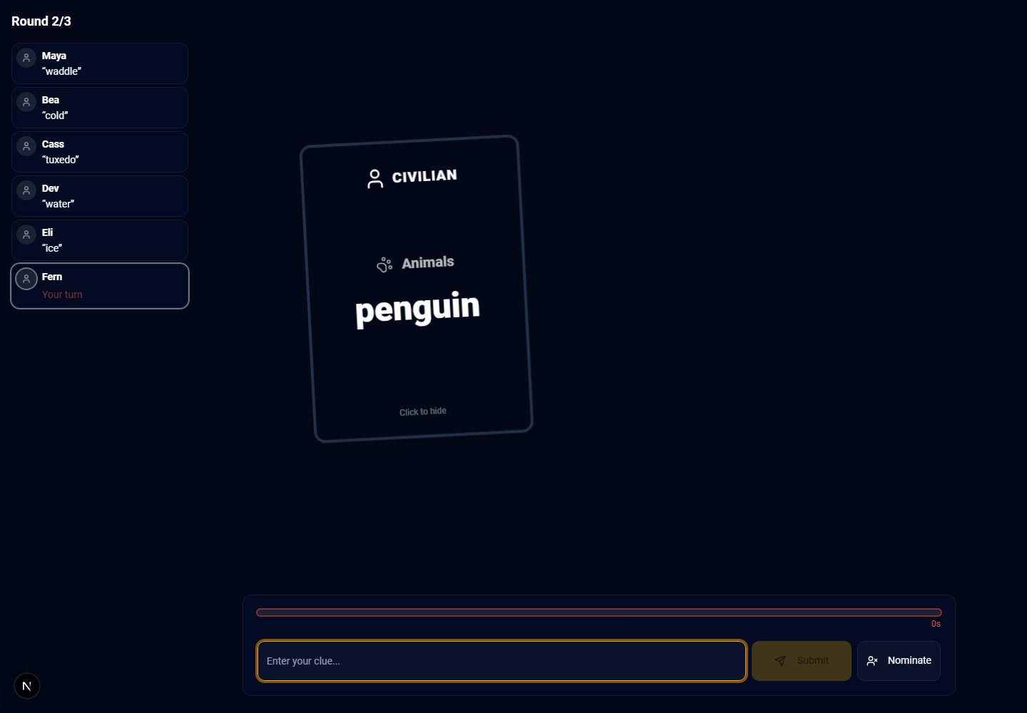 The Imposter clue phase, showing the player’s secret word card, the clues everyone has already given, and a text field for entering a one-word clue.