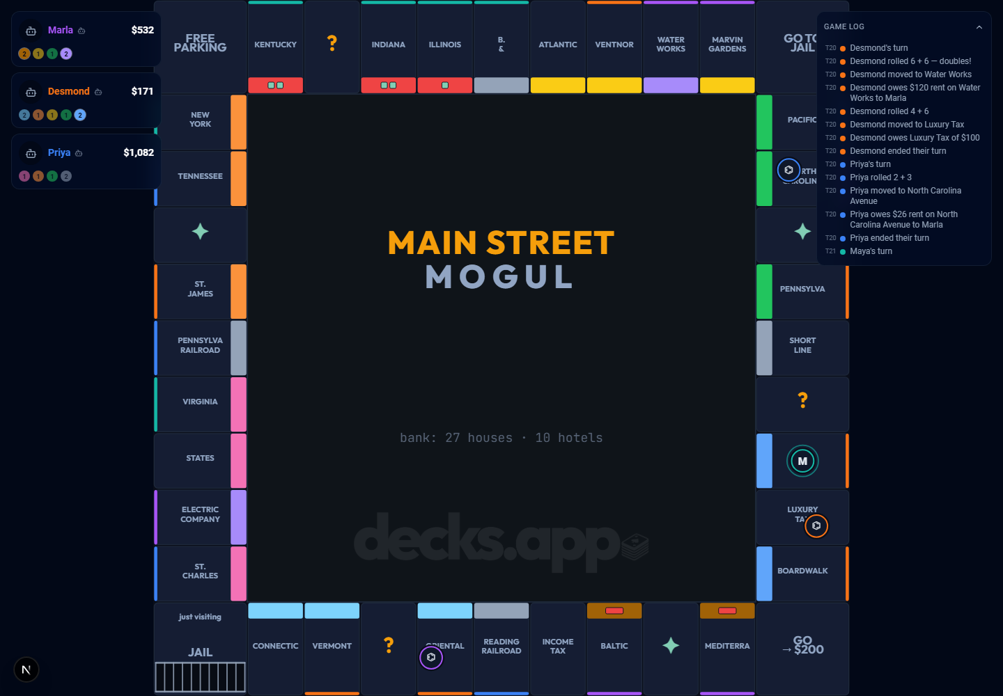 The Main Street Mogul move log expanded, listing every roll, purchase, rent payment and trade in turn order.