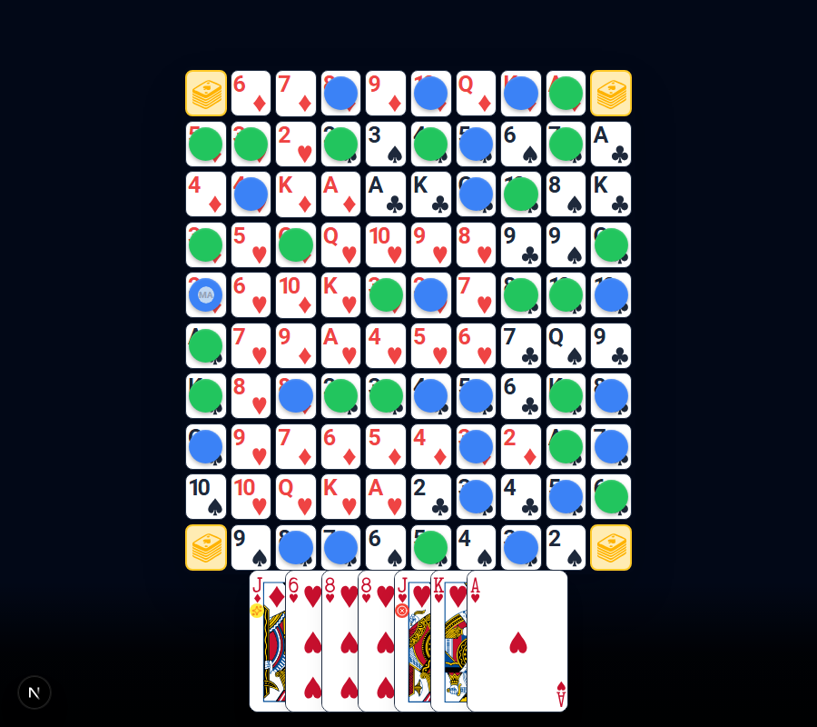 A Sequence board mid-game on decks.app: a 10-by-10 grid of playing-card spaces with green and blue chips placed across it, and the player’s hand along the bottom.