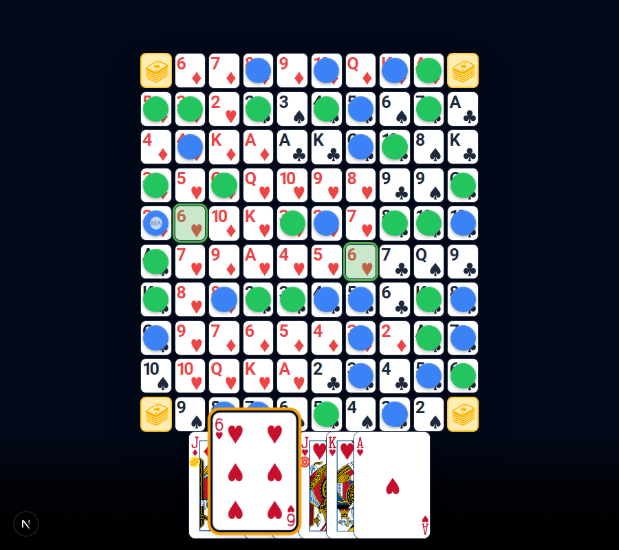 The Sequence board with a card selected in hand and every legal placement for it highlighted on the grid.